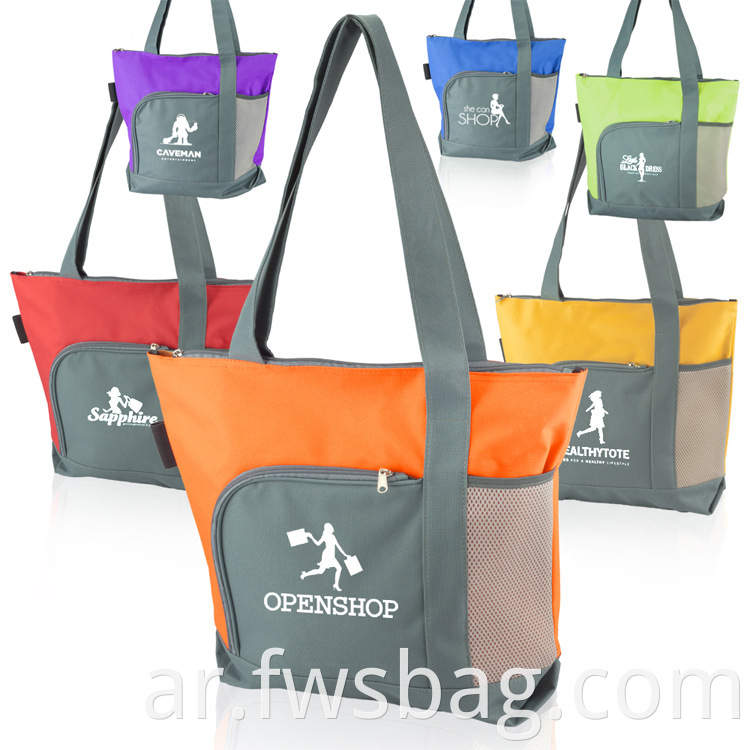 المعرض التجاري المخصص الترويجي 600D Polyester Canvas Tote حقيبة سحاب لهجة مع شعار مطبوع مخصص